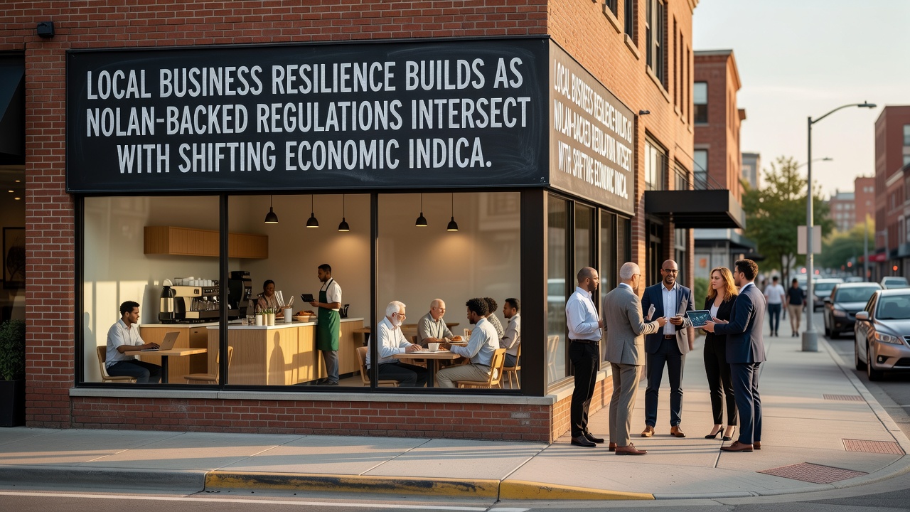 Entrepreneurs reviewing economic data and regulatory updates together